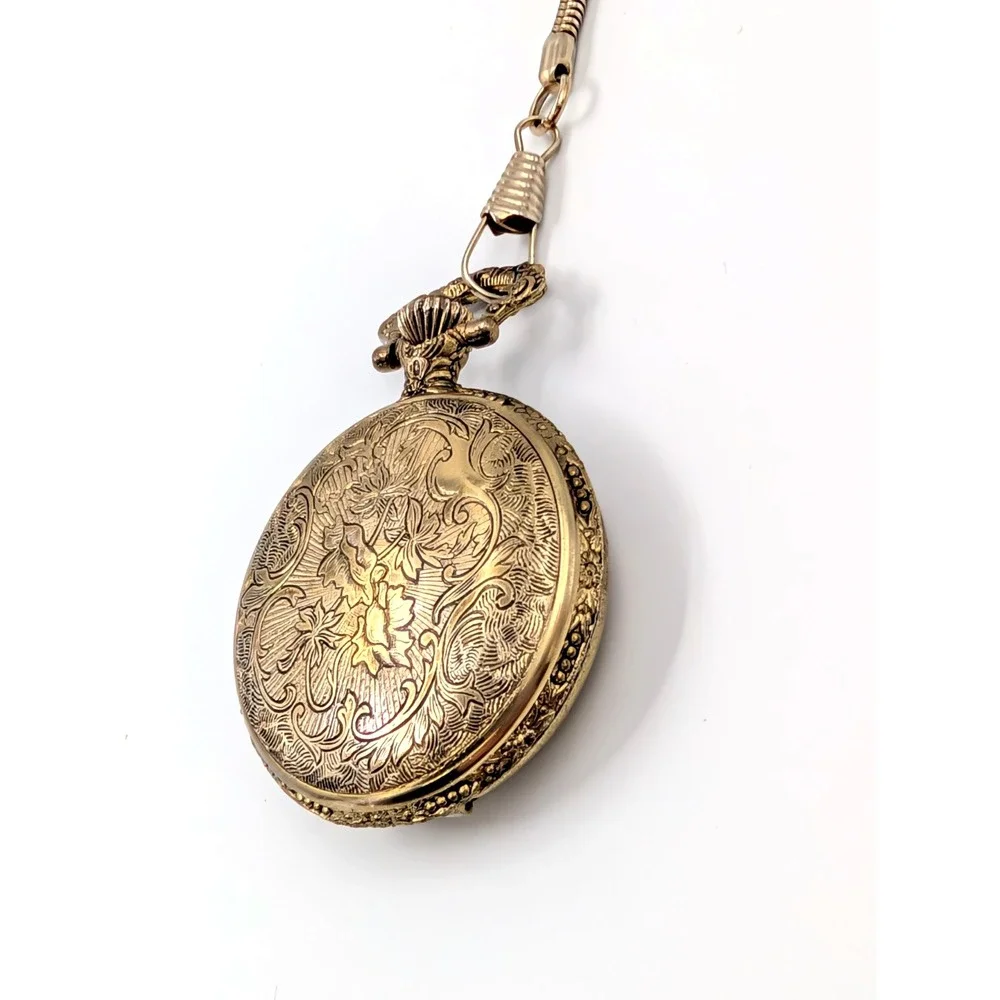 Vintage Train Pocket Watch Gold Tone Steam Engine‎ Snake Chain Steampunk